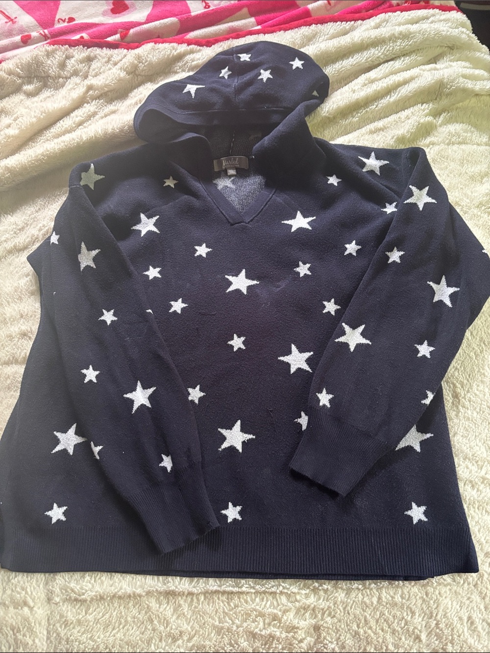 Women’s  Navy V-Neck Hooded Sweater with White Star Motif